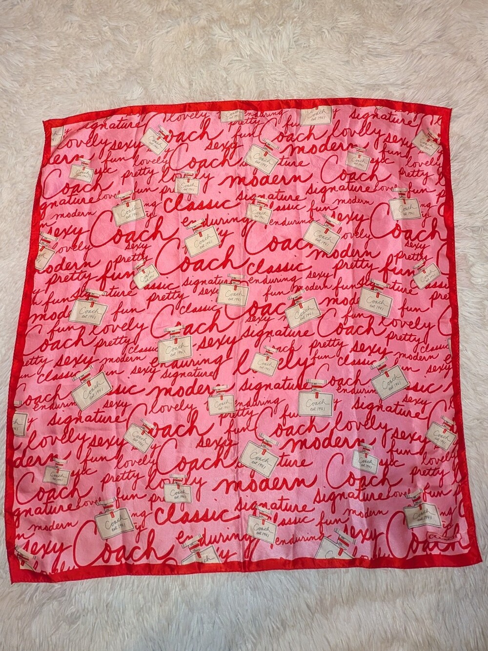 Coach 1941 Perfume Bottle Print Silk Scarf Rare 25" Square Red Pink EUC